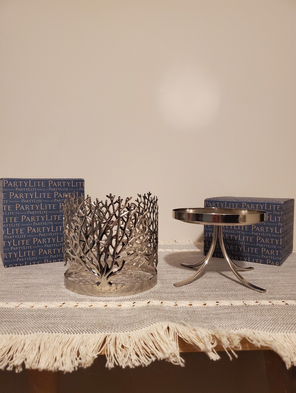 PartyLite Silver Coral Jar Candle Sleeve With Matching Pedestal